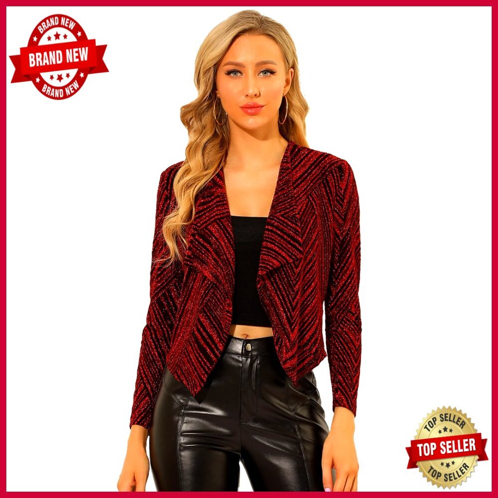 Large Glitter Cropped Cardigan Long Sleeve Open Front Party Jacket